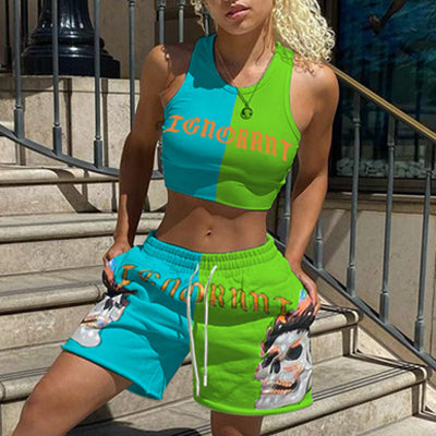 Halloween Skull Letter Print Sportswear Set Spring Summer 2 Suit Women O Neck Sleeveless Vest Top + Drawstring Shorts Tracksuits