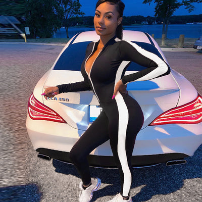 Winter Long Sleeve Side Neon Orange Stripe Bodycon Fitness Jumpsuit Women Black Zip Romper Tracksuit Overalls Bodysuit Sportwear