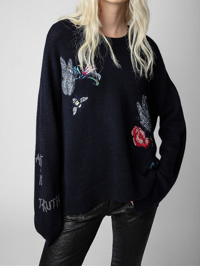 Women&#39;s Sweater Butterfly Flower Letter Embroidery  Cashmere Long Sleeve Round Neck Ladies Jumper Autumn Winter 2022