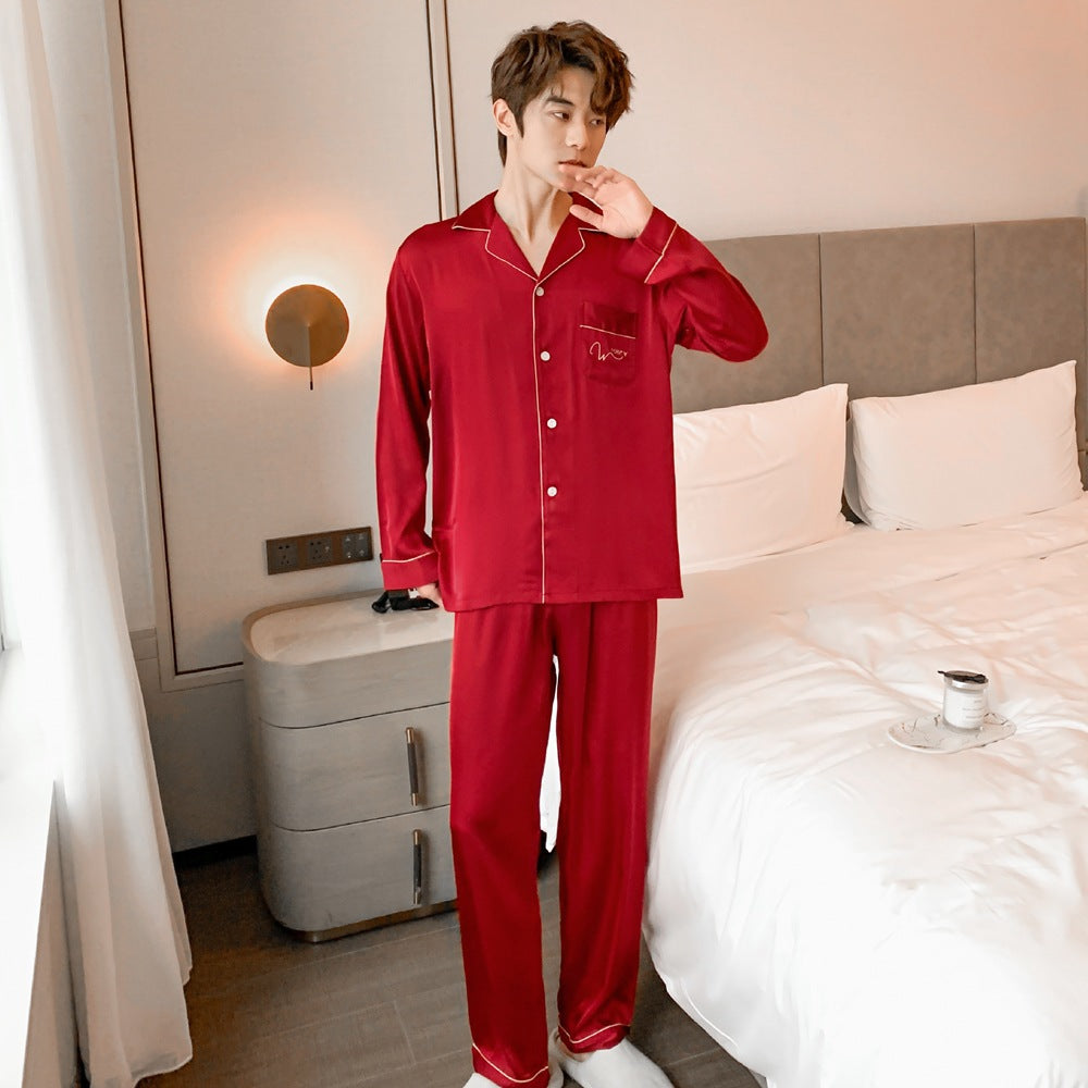 Men&#39;s Full Sleeve Satin Sleepwear Loose 2PCS Pajamas Suit Full Sleeve Pant Intimate Home Wear Wedding Nightwear Casual Pyjamas