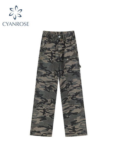 Women's Jeans Camo Cargo Pants High Waist Hip Hop Joggers Straight Pants Camouflage Female Streetwear Fashion Wide Leg Trousers