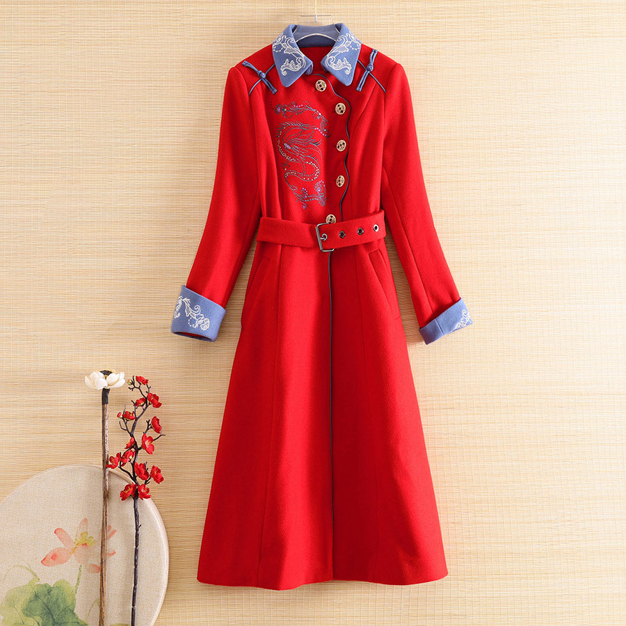 Autumn Winter Trench Coats Women Outerwear Vintage Elegant Floral Wool Embroidery Dragon Lady Overcoat Female S-XL