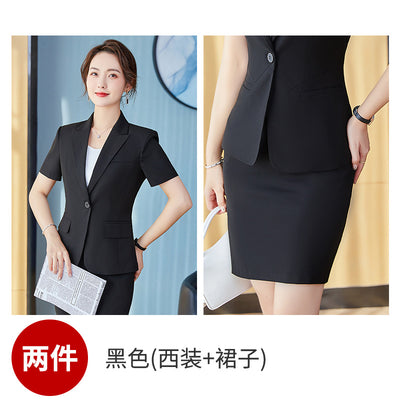 Summer Short Sleeve One Button Business Wear White Collar Work Uniforms Two-Piece Set Formal Wear Gray Suit