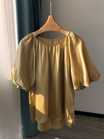 2022 Summer Lady French O-Neck  Silk Blouse Loose Ladies Lantern Sleeve Loose Elegant Pullover Shirt Tops All-Match