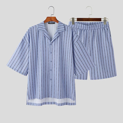 Handsome Well Fitting Sets New Men&#39;s Mid-sleeve Shorts Sets INCERUN Male Streetwear All-match Simple Striped Suit 2 Pieces S-5XL