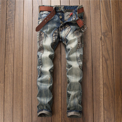 European Style Mens Jeans Punk Biker Trousers Male Streetwear Personalized Straight Leg Vintage Slim Fit Denim Pants Men Clothes