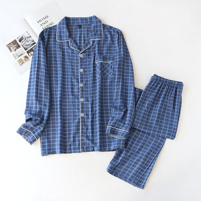 Cotton silk pajamas long sleeve long trousers plaid men's underwear summer thin rayon home two piece set turn down collar suit
