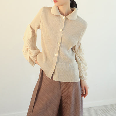 Miyake pleated shirt 2022 new puff sleeve lapel jacket all-match large size apricot breasted jacket women&#39;s clothing