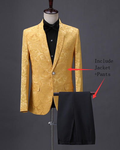 England Style Men's Jacquard Suit Vintage Pattern Blazers Pants 2 Pieces Set Male Singer Chorus Host Suits Prom Wedding Dress