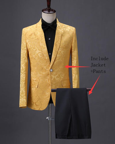England Style Men's Jacquard Suit Vintage Pattern Blazers Pants 2 Pieces Set Male Singer Chorus Host Suits Prom Wedding Dress
