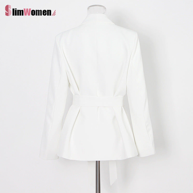 White Elegant Korean Advanced Loose Blazer Winter Women Fashion Blazer High Waist Belt Lace-up Blazers Jacket Suits Female 2021