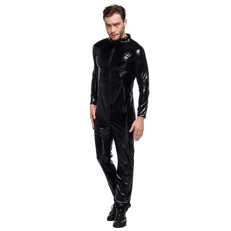 Men's Sexy Patent Leather Biker Jacket Tight Jumpsuit Black Plus Size S-XXXL Carnival Deguisement Halloween Cosplay Costumes