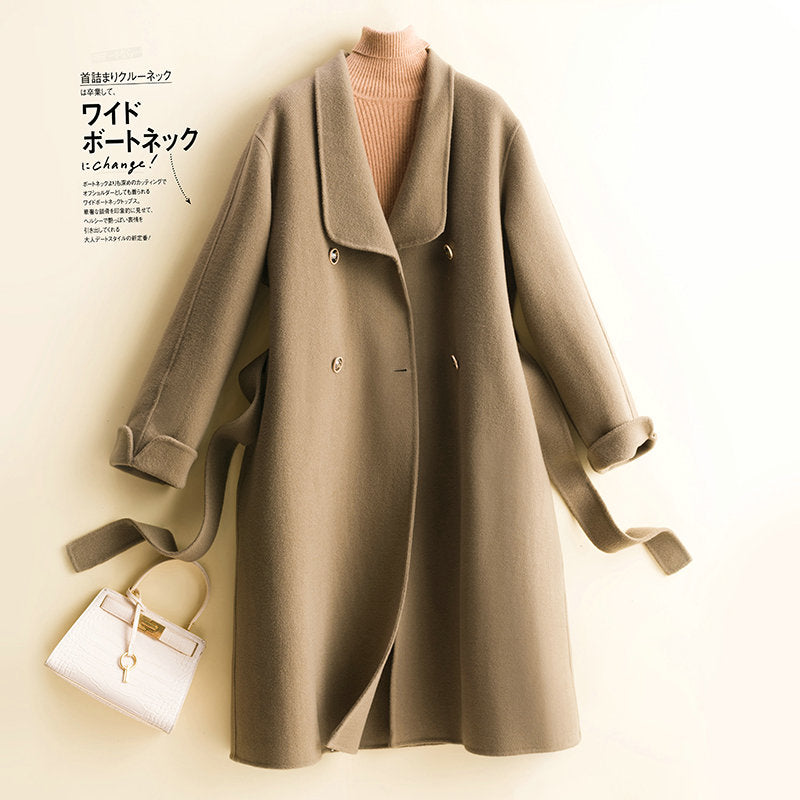 Hepburn style double-sided cashmere coat women&#39;s mid-length wool autumn and winter woolen coat loose wool