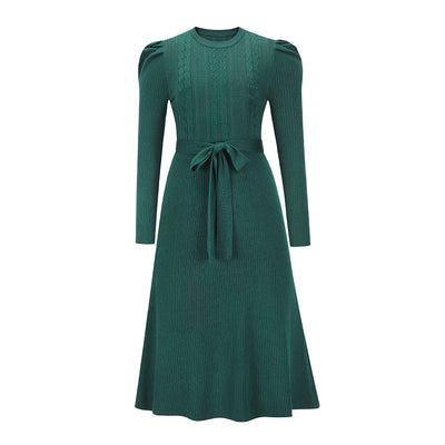 Winter New Style Bubble Long Sleeve Knitted Skirt Medium Long Style Thin High Waist Big Swing Dress Bottomed Wool Dress