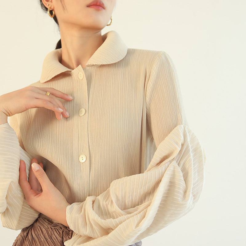Miyake pleated shirt 2022 new puff sleeve lapel jacket all-match large size apricot breasted jacket women&#39;s clothing