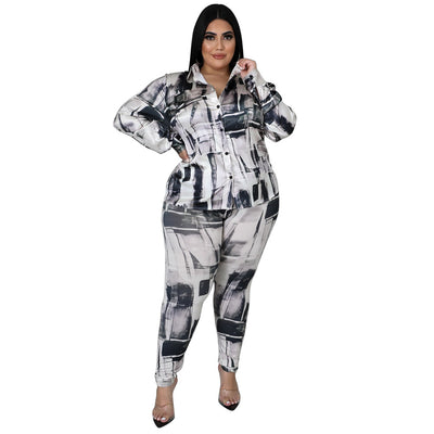 5XL Plus Size Women Sets Full Sleeve Turn Down Collar Shirt Tops Outfits 2021 Autumn New Fashion Print Large Size  Pant Suits