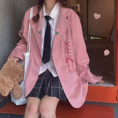 KUSAHIKI Sweet Japan Style Blazers for Women 2022 Autumn Notched Collar Coat Fashion Bandage Causal Long Sleeve Suit Jacket