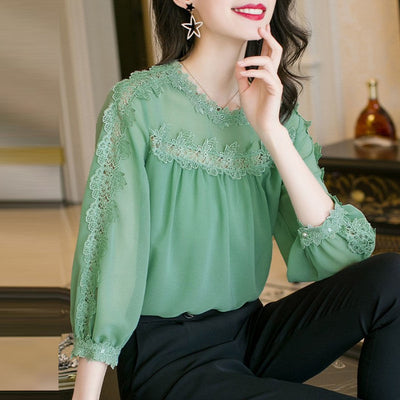 Office Lady Loose Lace Chiffon Women's Clothing Spring Summer Solid Thin O-Neck Pullover Women Shirt Retro Skin Friendly Trend