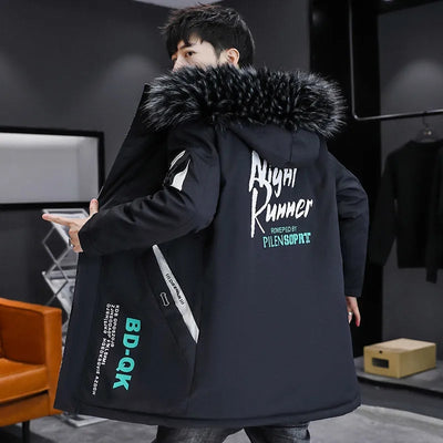 2022 Winter Hooded Long Jacket Fur Collar Fleece Warm Coat Men Casual Personality Print Windbreaker Hip Hop Streetwear