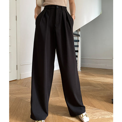 2022 Autumn Office Lady Simple Pleated Wide Leg Suit Pants Women Casual Loose Straight High Waist Drap Trousers