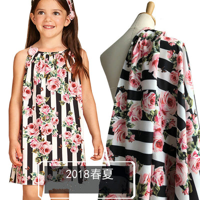 European and American catwalk models flower children's black stripes rose pattern digital printing fabrics senior printing cloth