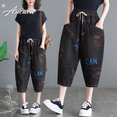 Aricaca M-2XL Women Elastic Waist Loose Jeans High Quality Printed Cotton Denim Calf-length Pants