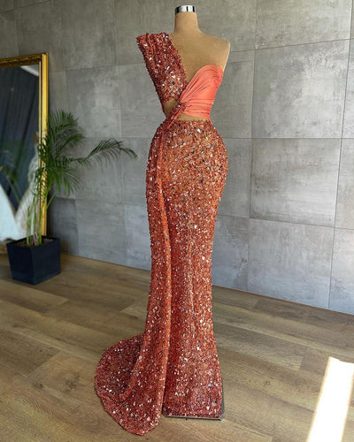 Mermaid One Shoulder Floor-Length Sequin Water Melon Celebrity Dresses With Crystal