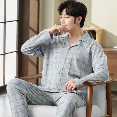 Men Pajamas Sets Full Pure Cotton Pyjamas Sleepwear Nightwear Underwear Long Sleeve Printed Plaid Casual Spring Autumn Winter