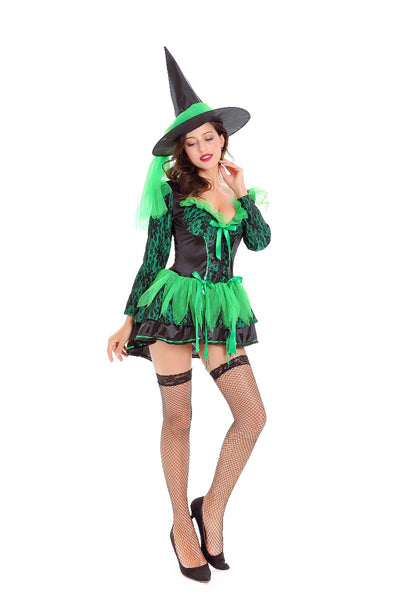 Deluxe Adult Halloween Witch Costume For Women Sexy Green Magic Moment Costume Carnival Party Fancy Dress