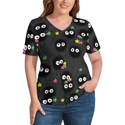 Spirited Away T-Shirts Soot Assault Print V Neck Classic T Shirt Short Sleeves Women Aesthetic Tshirt Tops Plus Size 3XL 4XL