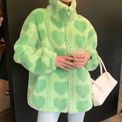 Heart Print Women Jacket Winter Warm Zipper Hooded Flannel Parka Harajuku Lambswool Sherpa Streetwear Loose Hoodie Coat