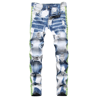 Men's Neon Side Stripe Patchwork Jeans Y2K Tie Dye Holes Ripped Denim Pants Plus Size Slim Straight Trousers