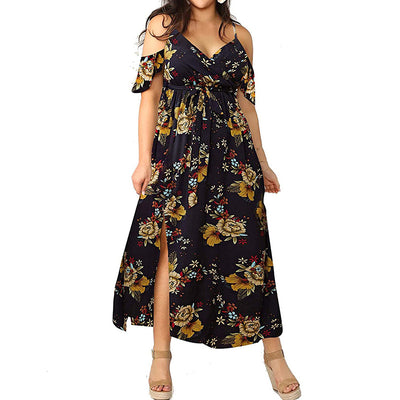 Bohemian Leaves Floral Print Off Shoulder Short Sleeve Summer Office Lady V-Neck Side Slit Plus Size Women Suspender Long Dress