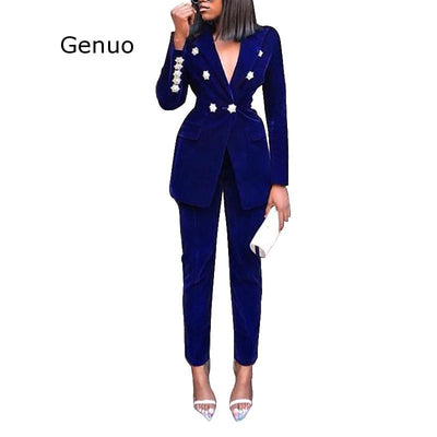 Women 2 Piece Set Top And Pants 2021 Summer New Arrivals Rhinestone Long Sleeve Suit Office Blue Sexy High Waist Pants Set