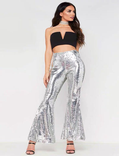 Women Casual Sequin Glitter Skinny Flare Pants High Waist Stretch Slim Pencil Trousers Joggers