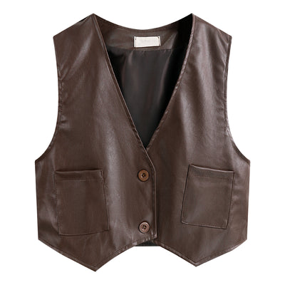 Faux Leather Vest Women Crop PU Sleeveless Jacket Female Khaki 2021 Spring Autumn Korean Fashion Retro Buttons V Neck Waistcoat