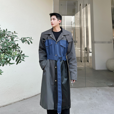 2022 autumn/winter senior sense patchwork trench coat men&#39;s long design sense niche loose overcoat coat trend