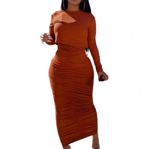 2pcs Solid Color Dress Sets Women O-Neck Long Sleeve Crop Top Maxi Skirt Two Peice Set Women Skinny Dress Suits Костюмы с юбкой