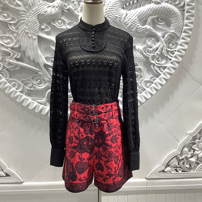 JUNLINNA Designer Fashion Autumn Two Piece Set Women Strecth Lace T-shirt+Jacquard Shorts Suit Party High Street Wear Lady