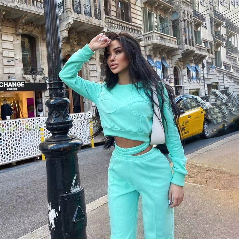 2022 Fall Fashion Streetwear 2 Two piece Sets Outfits Tracksuit Women Long Sleeve O Neck Crop Top Pink Pants Matching Sets