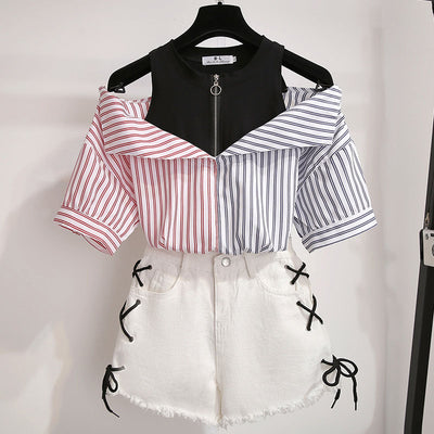 2 Pieces Shorts Sets Summer Sweet Korean Off Shoulder Tops And Shorts 2 Pieces Sets Women Clothing Two Pieces Outfits Plus Size