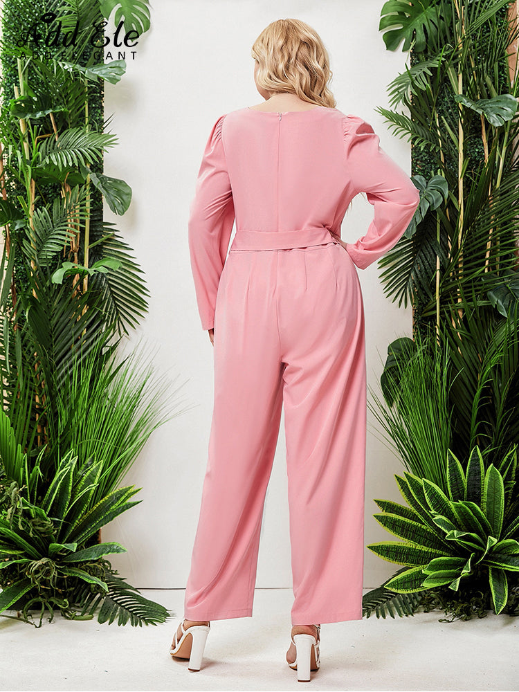 Add Elegant Plus Size Jumpsuits for Women 2022 Fall O-Neck Pink Self-tie Belt Button Fashion Long Sleeve Commuter Rompers B1114