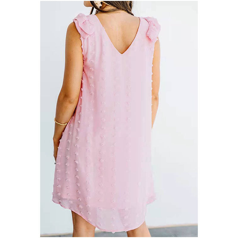 2021 Summer New Fashion V-neck Solid Color Casual Loose Sleeveless Small Hair Ball Lotus Leaf Open Back Dress