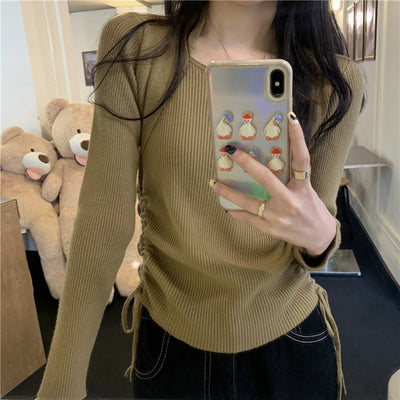 Pullovers Women Minimalist Pleated Design Elegant Slim Sexy Inside Korean Style Female All-match Spring Knitwear Basic Fashion