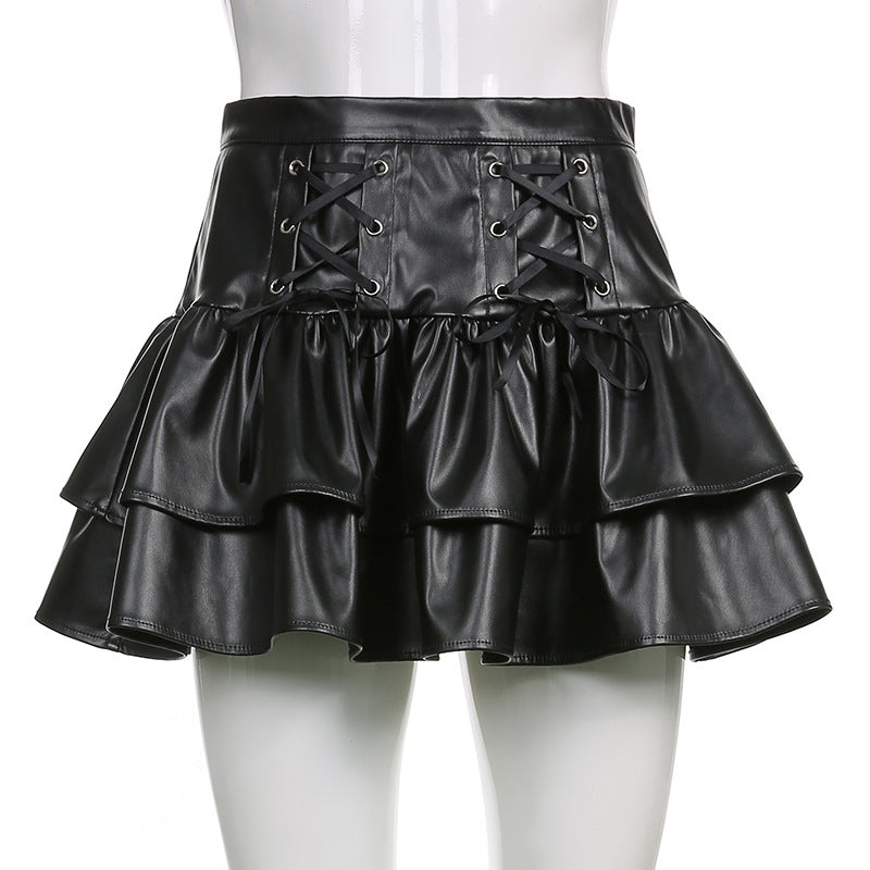 Punk Style PU Leather Mini Skirt Casual High Waist Cross Bandage Black Pleated Skirt Streetwear Slim Girls Dark Sexy Skirt 20118