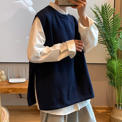 J GIRLS Men Sweater Vest O-neck College Teens All-match Korean Japanese Streetwear Baggy Pure Color Handsome Casual Knitting Ins