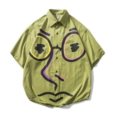 Graffiti Print Half-Sleeved Shirts Men&#39;s Summer Loose Japanese Tide Brand Shirt Casual Five-Point Sleeve Shirt
