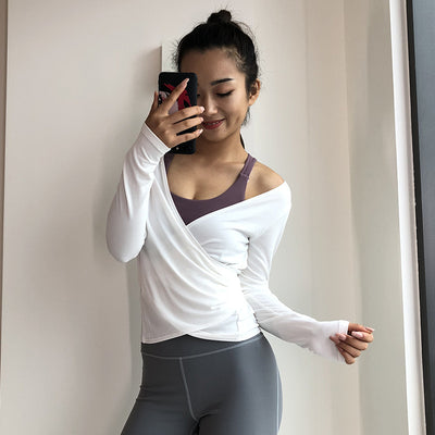 Women Leisure Bandage Hollow Long-Sleeved Sports Blouse Running Aerobic Workout Clothes Quick-Drying Fitness Tops Yoga Clothes