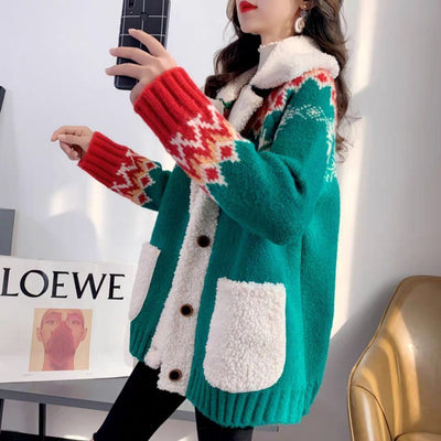 Autumn and Winter New Red Christmas Sweater Women's Thickened Loose Knitted Coat Fashion Autumn and Winter Style