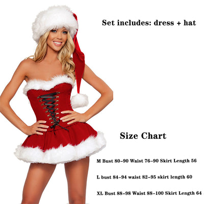 2021 Women&#39;s Sexy Christmas Dress Santa Claus Cosplay Red Velvet Lacing Mini Dress Costume With Hat Holiday Gift For Female